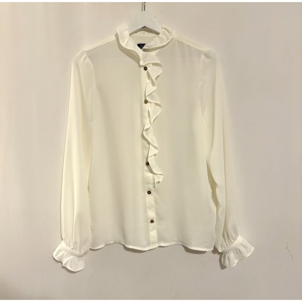 J. Crew Blouse Top 0 Cream Button Up High Neck Ruffle Semi Sheer